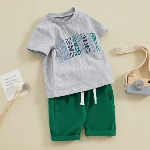 FOCUSNORM 2pcs Infant Baby Boy Summer Clothes Sets 0-3Y Short Sleeve Letter Embroidery Tops + Pocket Shorts