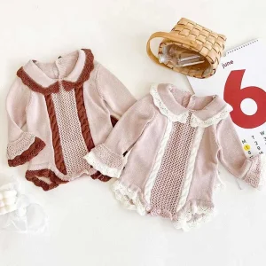 Knitted Baby Romper Autumn Winter Cardigan Newborn Jumpsuits Bow Knot Baby Girl Romper Bell Sleeve Cotton Baby Sweater Romper 210315