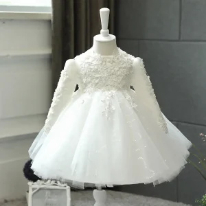 Baby Girl Wedding Dress Long Sleeve Newborn Girls Christmas Princess Gowns Beads Lace Infant Kids 1 Year Birthday Baptism Dress 210315