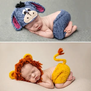 Knitting Soft Hat Pants Set Baby Clothing Accessories Cute Animal Bebe Newborn Photography Props Lionet/Chick/Tiger 0-4 Months 210315