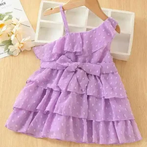 Baby Swiss Dot Asymmetrical Neck Layered Hem Belted Dress SHE