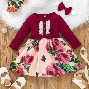 Baby Floral Schiffy Trim Bow Front Dress With Headband SHE