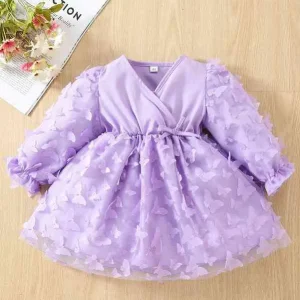 Baby Appliques Surplice Neck Flounce Sleeve Dress SHE