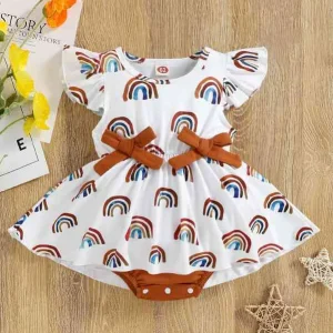 Baby Rainbow Print Ruffle Sleeve Bow Front Combo Bodysuit Dress SHE