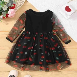 Baby Cherry Print Mesh Panel Dress SHE