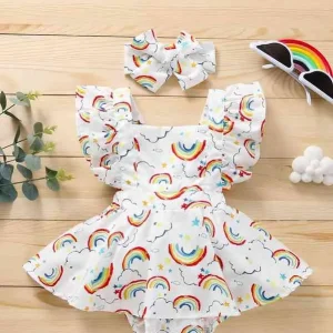 Baby Girl Rainbow Print Combo Bodysuit Dress With Headband SHE